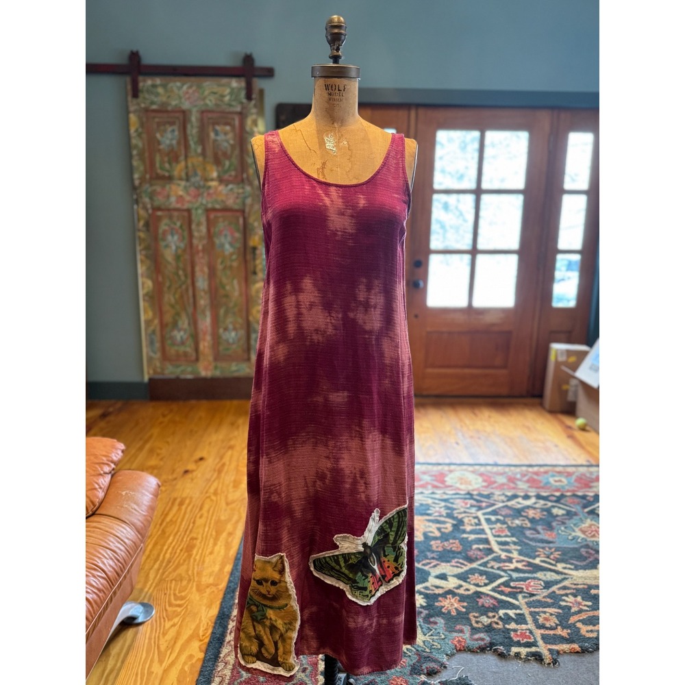 Upcycled Hand Distressed Maxi‎ Dress| Vintage Butterfly & Cat Patchwork| Small